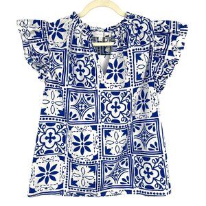 Sugarlips Arbor Floral Risette Ruffle Split Neck Top Blue White Size Small NWT